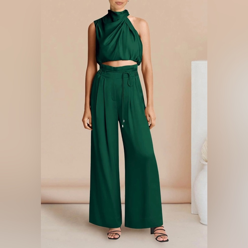 NWT Sleeveless Mock Neck Crop Tops Wide Leg Pants Set Size Large